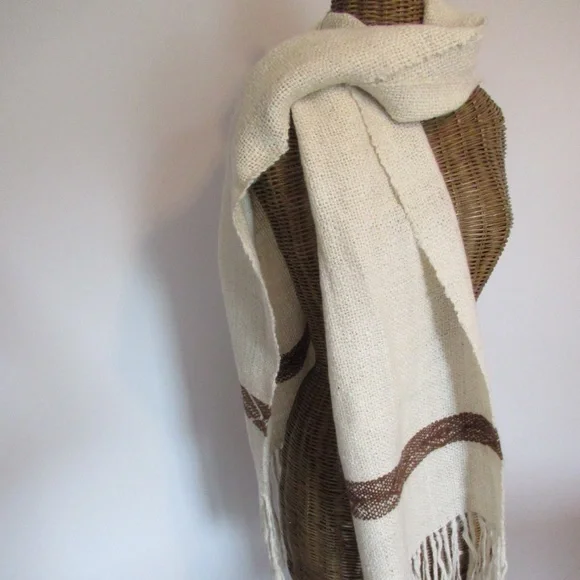Cream & Brown Wool fringed scarf - Picture 2 of 6